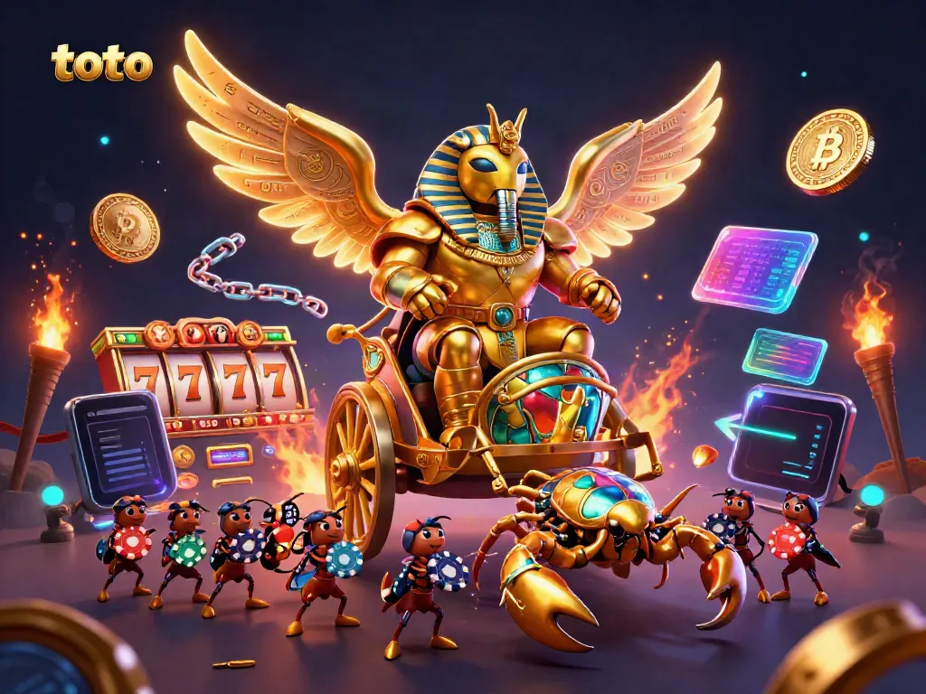 Engage with toto as a colossal scarab beetle commands the casino scene filled with slot reels and vibrant poker chips.