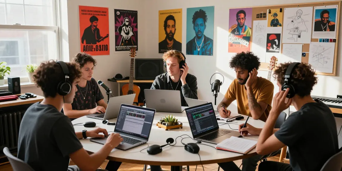 Engaging music promotion scene showcasing musicians collaborating creatively in a vibrant studio environment