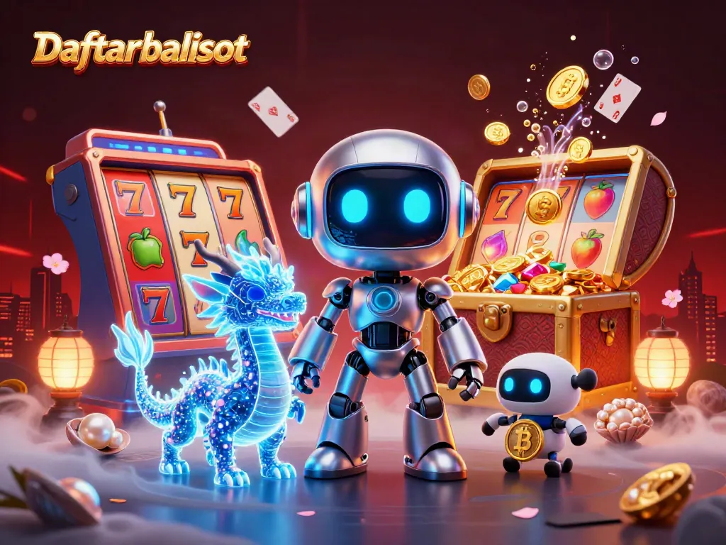Engage in thrilling online gaming with Daftar balisot featuring a cyberpunk robot mascot and vibrant slot reels.