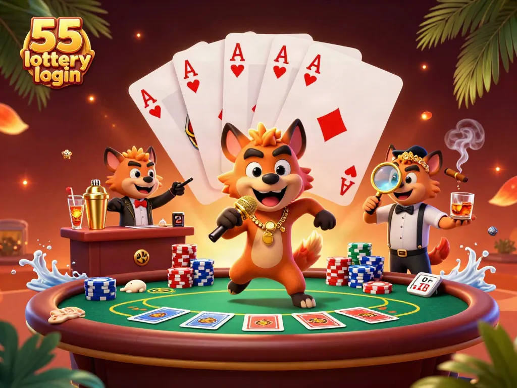 Immerse yourself with 55 lottery login, featuring a vibrant 3D scene with hyenas hosting a casino.