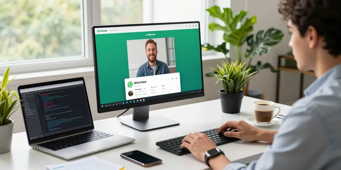 User utilizing WhatsApp電腦版 in an engaging office workspace with vibrant plants and technology.