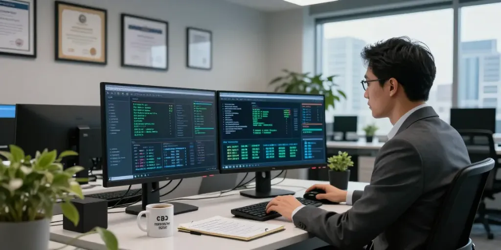 Cyber intelligence firm workspace showcasing analyst at dual monitors analyzing threats in a modern office.