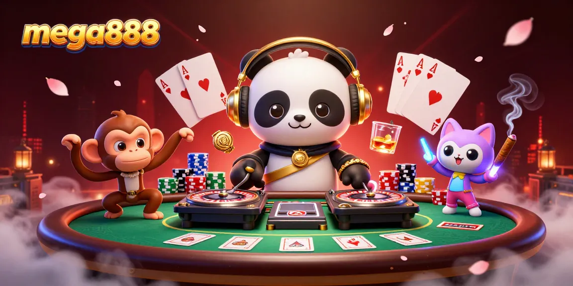 Experience the excitement of mega888 with a DJ panda and a monkey in a vibrant casino scene.