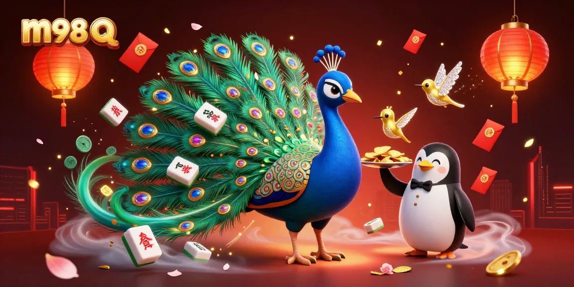 Engage in the thrilling world of m98 q with an aristocratic peacock amidst vibrant casino elements.