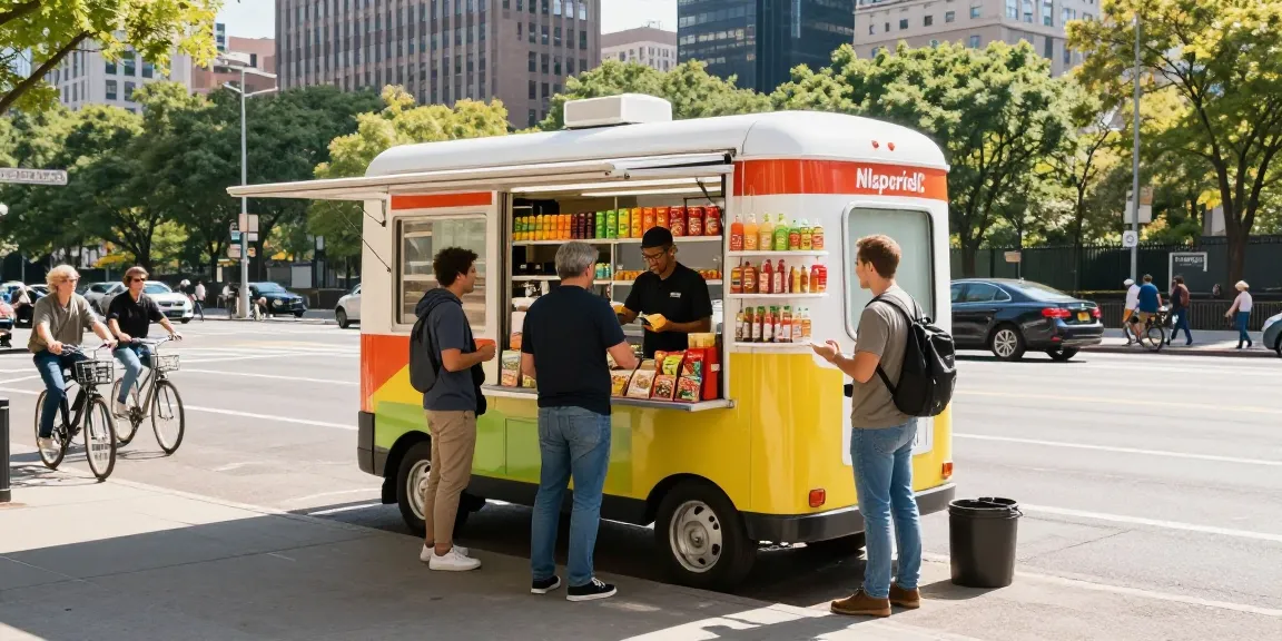 Mobile convenience store serving fresh snacks in busy city scene with pedestrians and cyclists.