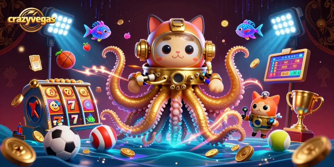 Experience the excitement of crazyvegas with this vibrant 3D illustration of a kraken and a diving cat among slot game elements.