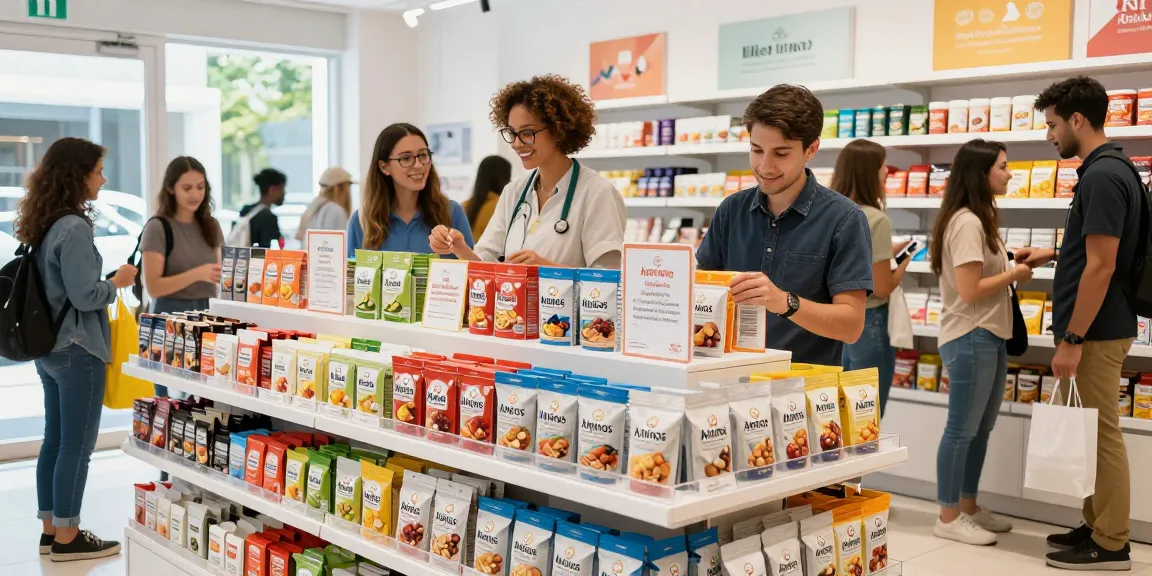 Koi Aminos catalog display in a vibrant retail store with cheerful staff and engaging shoppers