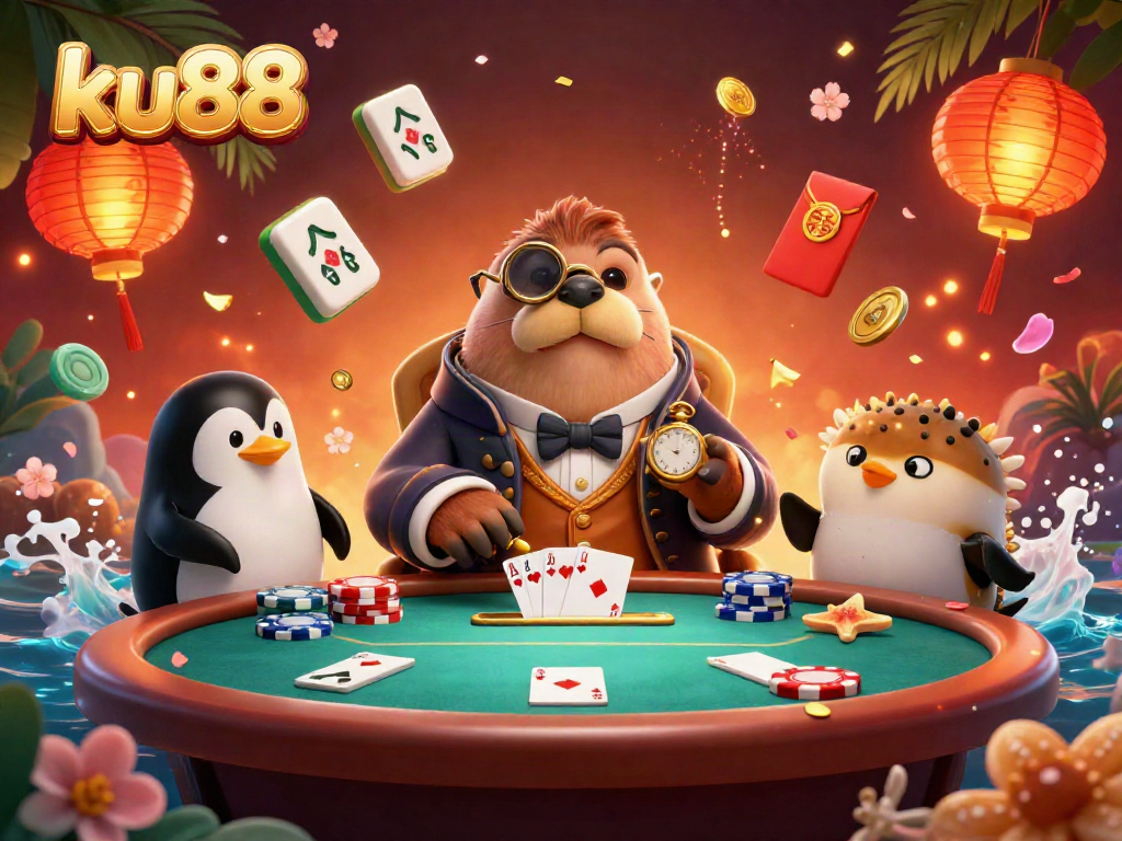 Experience interactive poker gameplay with ku88's vibrant characters at an underwater casino table.