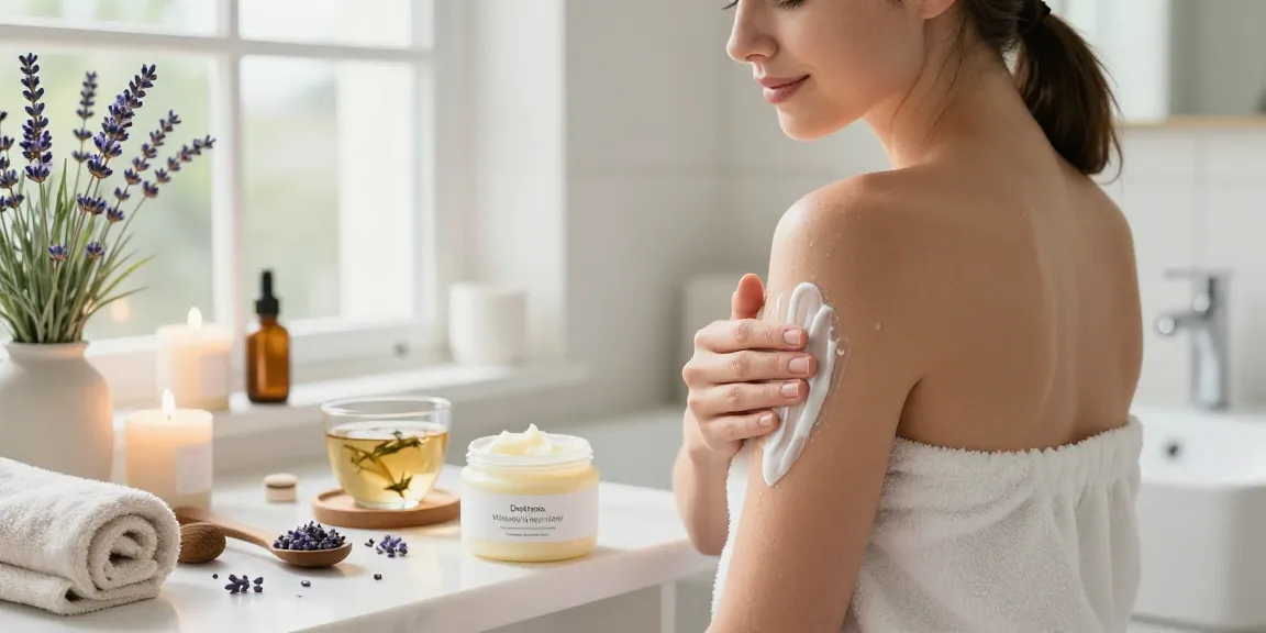 Applying De stress Whipped Body Butter in a calming home spa setting.