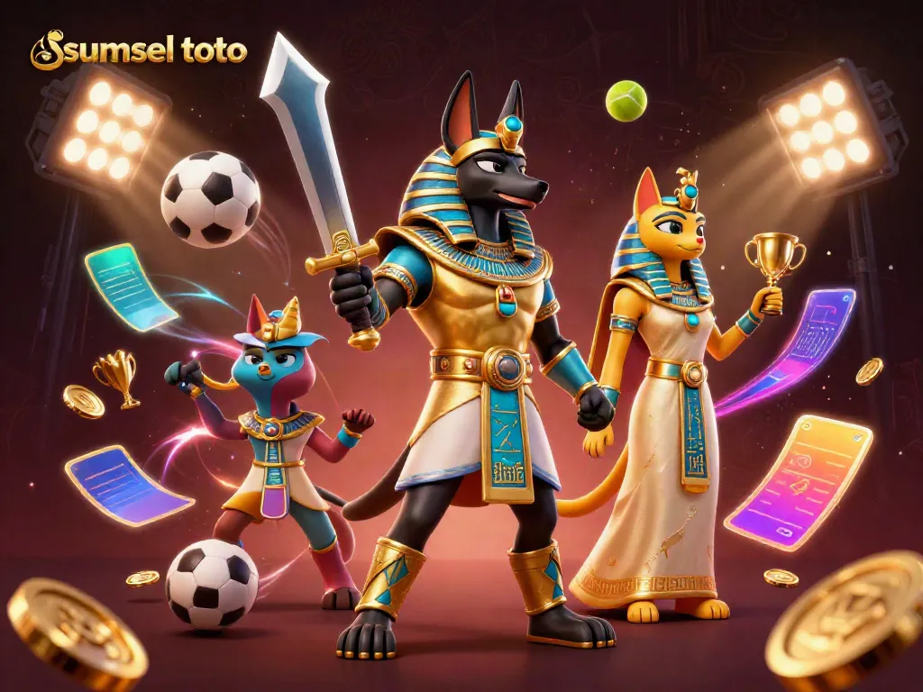 Engage in thrilling sports betting at sumsel toto with ancient Egyptian warriors surrounded by dynamic gaming elements.