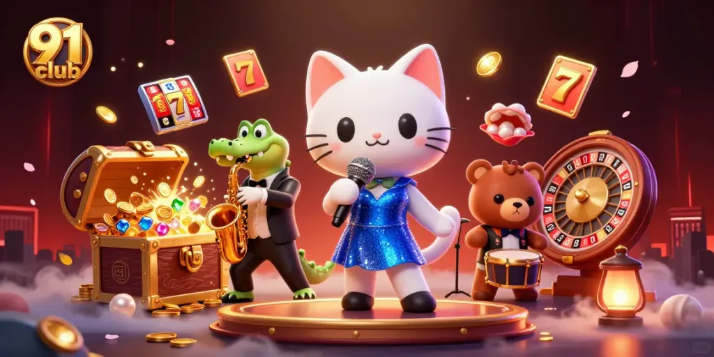 Engage with the 91 club as a jazz-singer cat performs on a vibrant casino stage filled with slot reels.