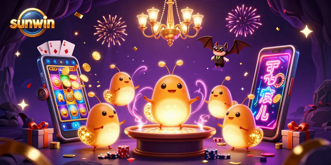 Win big at sunwin with colorful slot games and vibrant casino elements lit by glowworms.