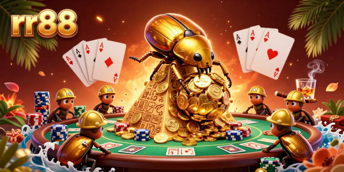 Spin the reels at rr88 casino, featuring a golden beetle and vibrant poker elements.
