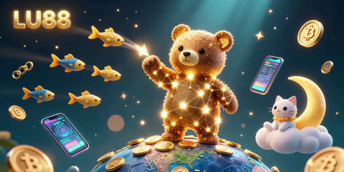 Experience the excitement of LU88 with vibrant 3D cartoon constellations and crypto-themed elements.