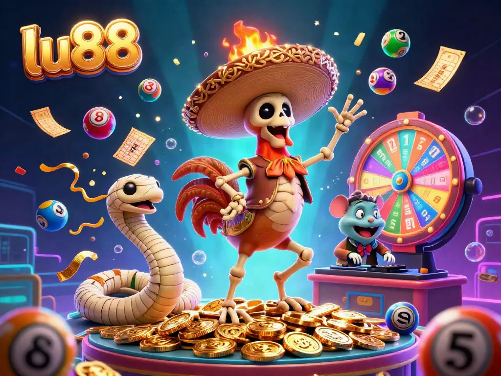 Engage in dynamic lottery experiences with lu88's vibrant 3D casino illustration featuring lively characters and classic game elements.