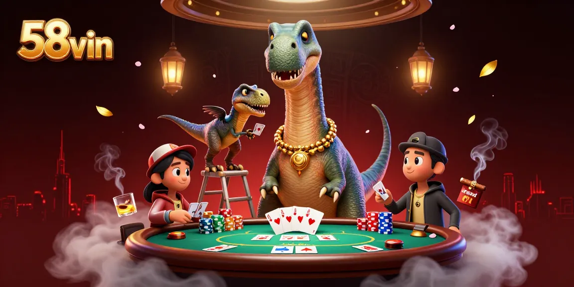 Experience action at the poker table with 58vin, featuring a playful dinosaur scene.
